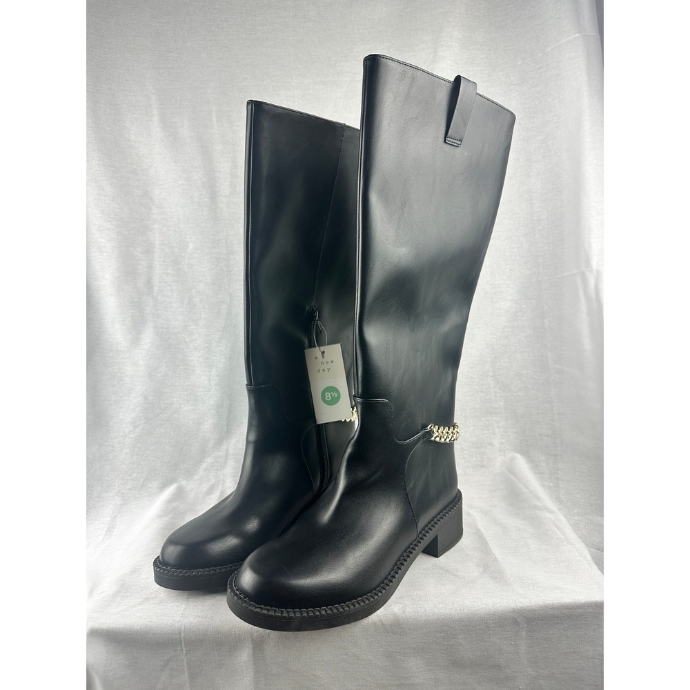 A New Day Womens Black Tall Riding‎ Boots Gold Chain Detail Memory Foam 8.5 NEW